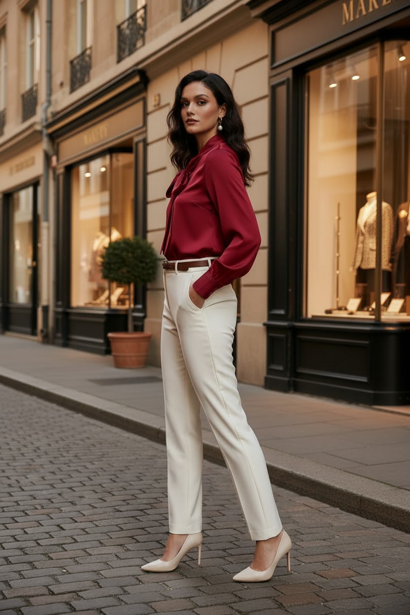 A woman stands on a cobblestone street in front of a boutique, wearing a long-sleeve burgundy blouse tucked into white high-waisted trousers with a thin belt, paired with white high heels.