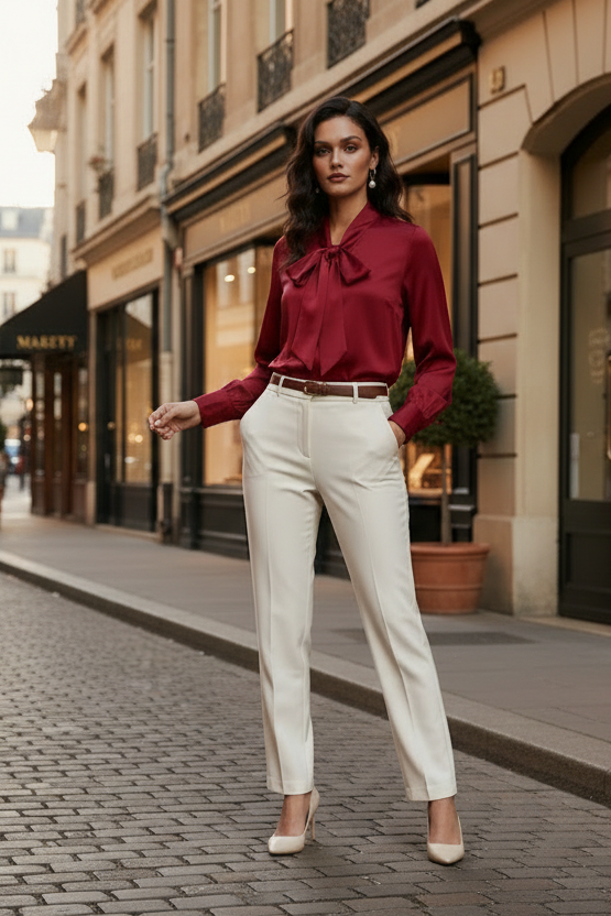 A woman stands on a cobblestone city street wearing a burgundy satin blouse with a bow collar and cream trousers, photographed in an urban outdoor setting.