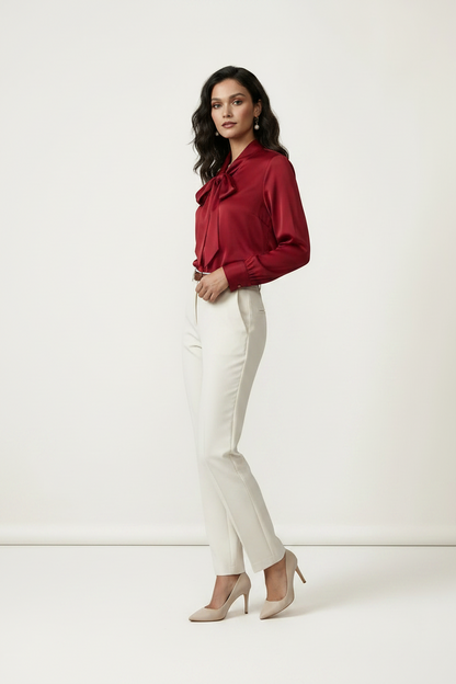 A woman modeling a long-sleeve satin-like blouse in deep red with a large bow at the collar, paired with white trousers and beige heels against a plain off-white studio background.
