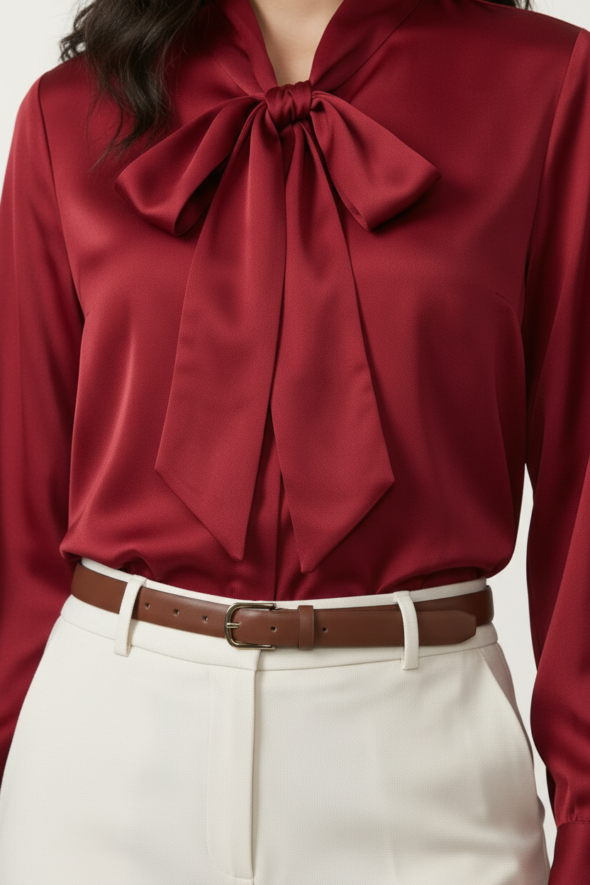 A woman modeling a long-sleeve satin-like blouse in deep burgundy with a large bow tie neckline, paired with off-white trousers and beige heels, against a plain light studio background.