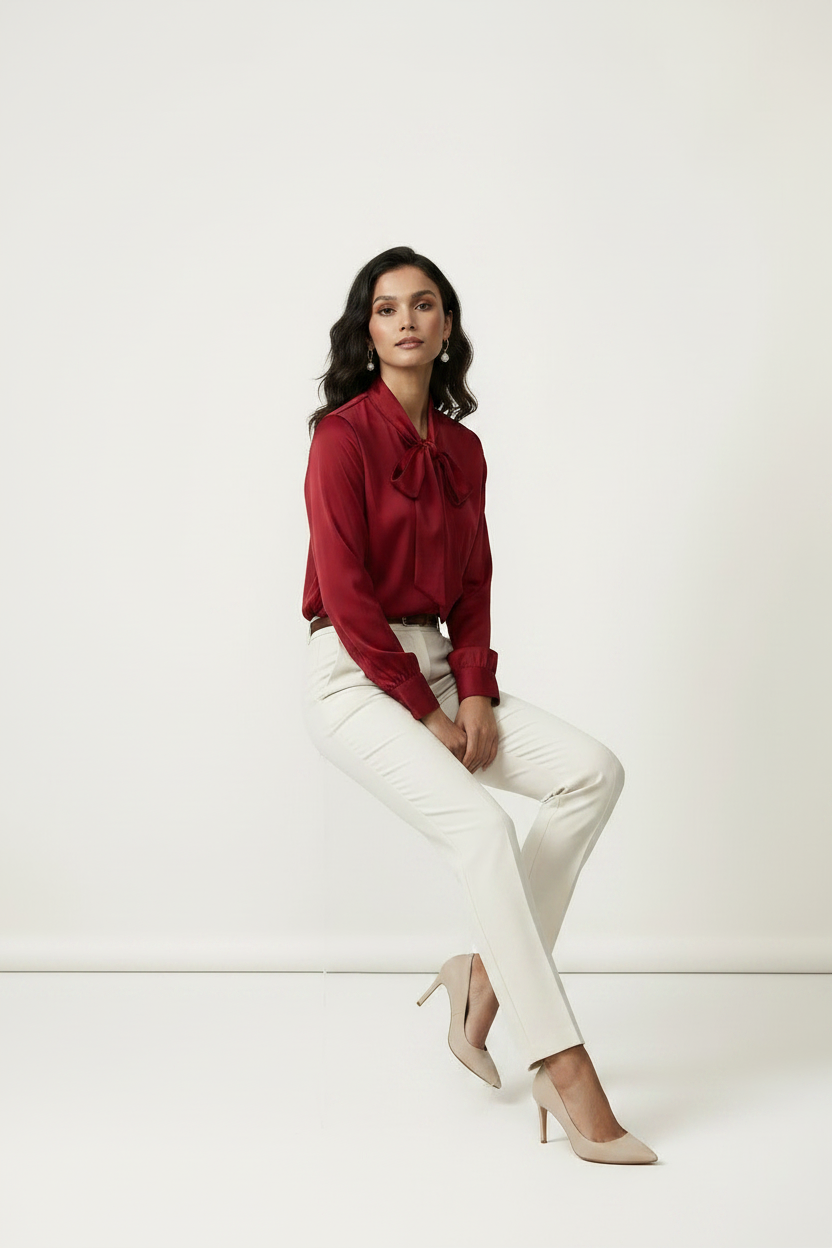 A woman modeling a long-sleeve red satin blouse with a ruffled bow collar, paired with off-white trousers and beige heels, standing against a plain light background.