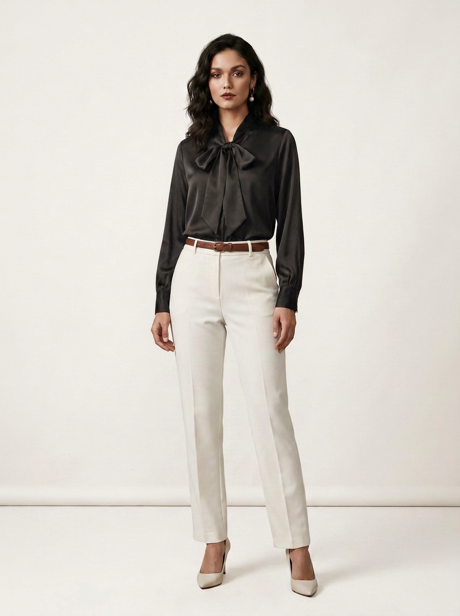 A woman modeling a black long-sleeve satin blouse with a large bow collar, tucked into cream-colored trousers with a brown belt, against a plain off-white studio background.