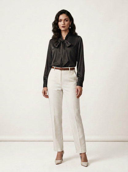 A woman modeling a black long-sleeve satin blouse with a large bow collar, tucked into cream-colored trousers with a brown belt, against a plain off-white studio background.