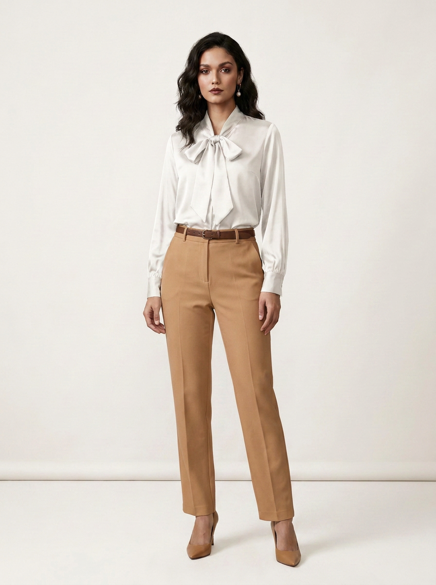A woman modeling a white long-sleeve blouse with a large bow at the collar and tan straight-leg trousers, standing against a plain off-white studio background.