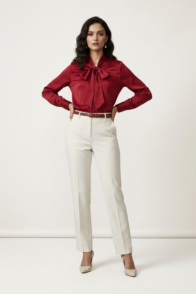 Satin Bow Tie Blouse Long Sleeve Elegant Office Top, front view