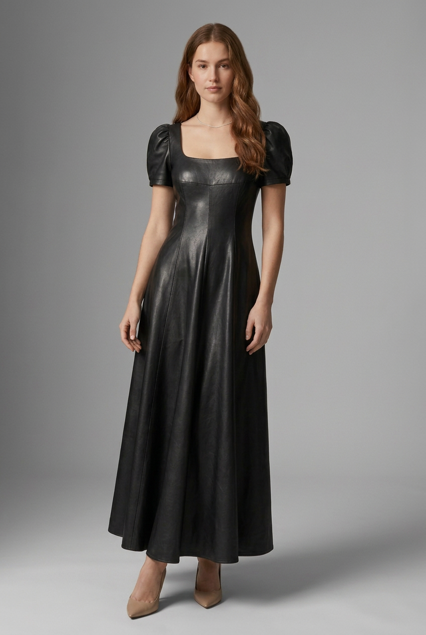 A woman modeling a black faux-leather midi dress with puff sleeves, a square neckline, and a flared skirt, photographed against a neutral gray studio background.