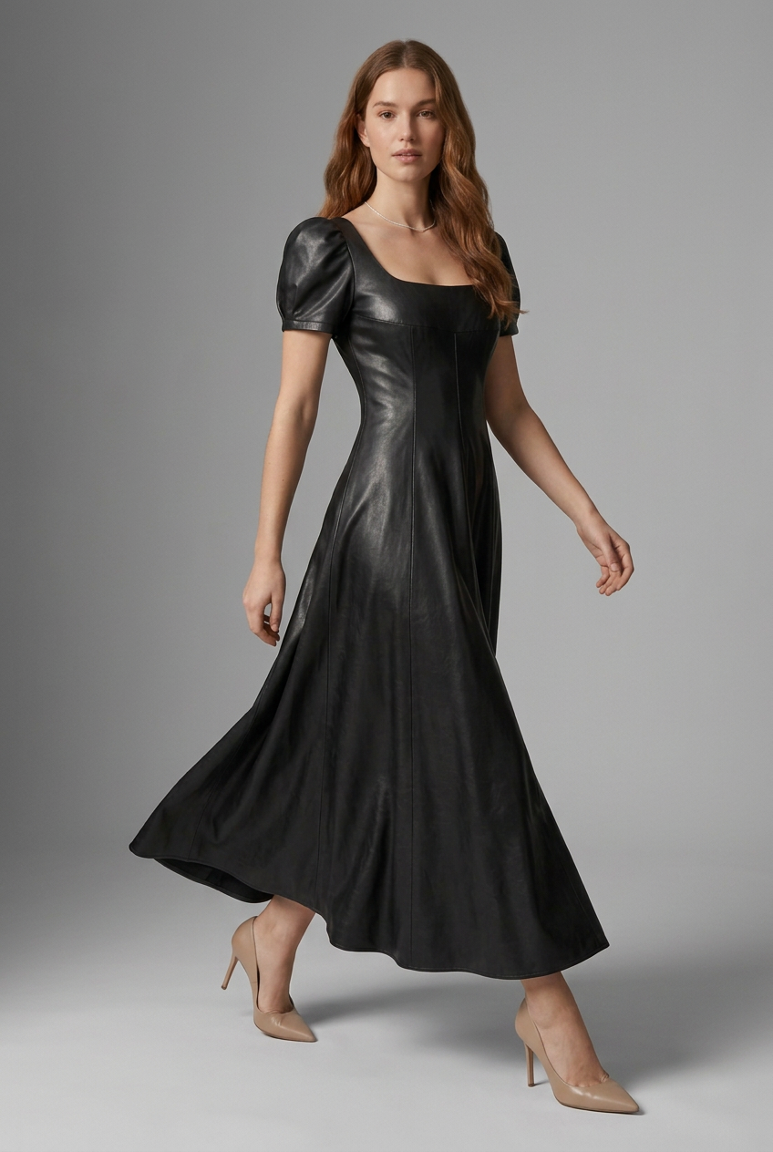 A woman modeling a black faux-leather midi dress with puff sleeves, a square neckline, and a flared skirt, photographed against a neutral gray studio background.