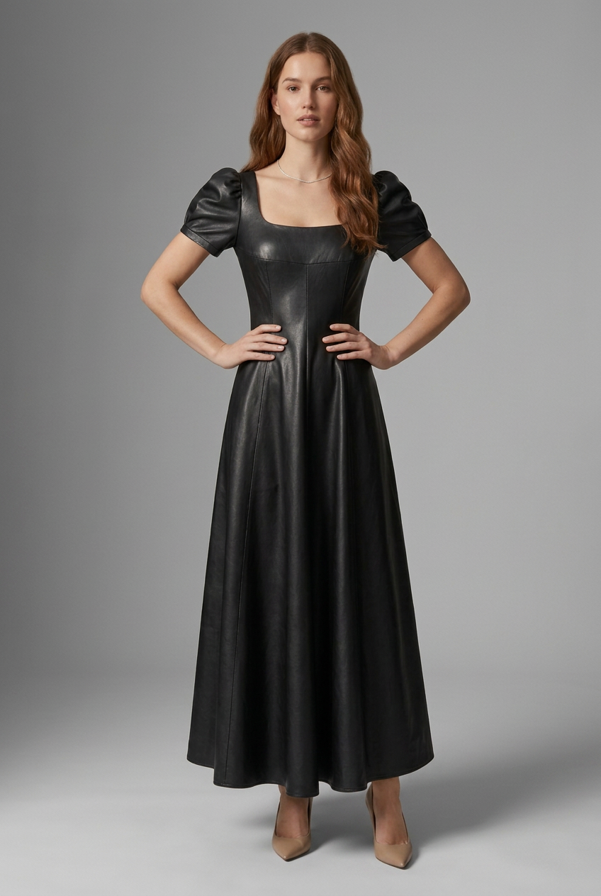 A woman modeling a black faux-leather midi dress with puff sleeves, a square neckline, and a flared skirt, photographed against a neutral gray studio background.