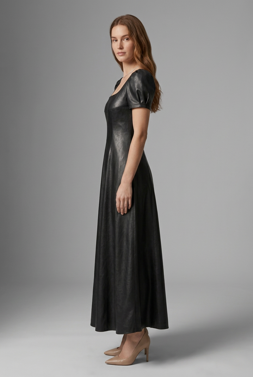 A woman modeling a black faux-leather midi dress with puff sleeves, a square neckline, and a flared skirt, photographed against a neutral gray studio background.