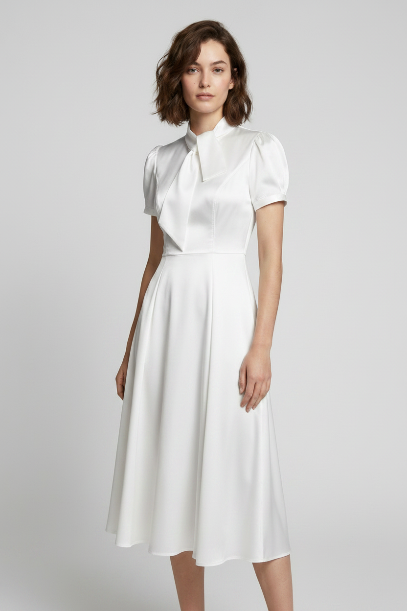 A woman modeling a white midi dress with short puff sleeves, a high structured collar, and a bow detail at the neckline, photographed against a light gray studio background.