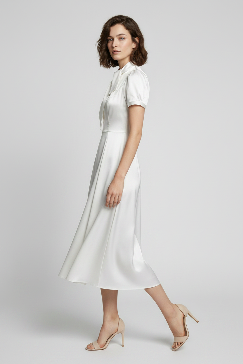A woman modeling a white midi dress with short puff sleeves, a high structured collar, and a flared skirt against a light gray studio background.