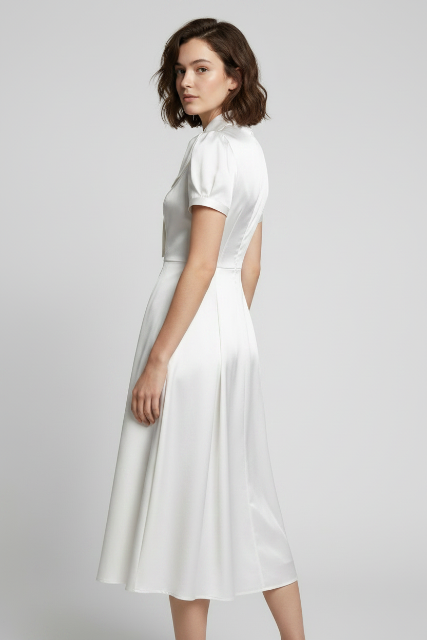 A woman modeling a white midi dress with short puff sleeves, a high structured collar, and a flared skirt against a light gray studio background.