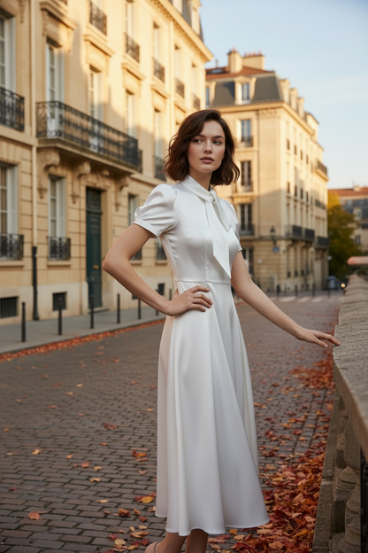 A woman wearing a white satin midi dress with a high neck and bow collar stands on a cobblestone street lined with buildings and fallen leaves.