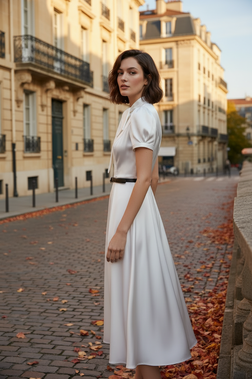 A woman wearing a white satin midi dress with a high neck and bow collar stands on a cobblestone street lined with buildings and fallen leaves.