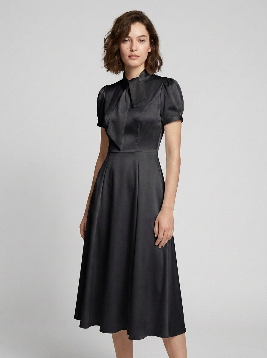 A woman modeling a black midi dress with short puff sleeves, a high structured collar, and a flared skirt against a light gray studio background.