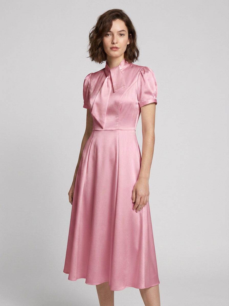A woman modeling a pink satin midi dress with short puff sleeves, a high mock neck, and a flared skirt against a light gray studio background.