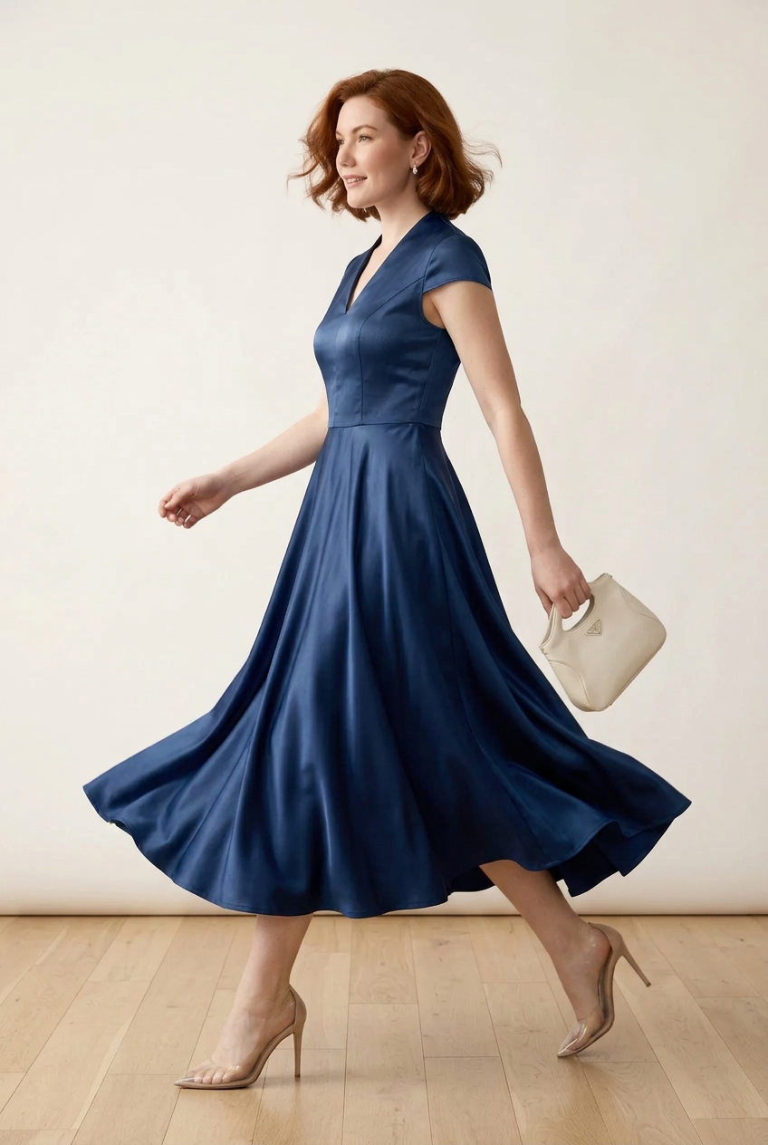 Satin V-Neck Fit and Flare Maxi Party Dress, walking pose