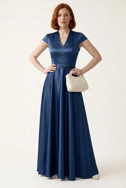 Satin V-Neck Fit and Flare Maxi Party Dress, front view