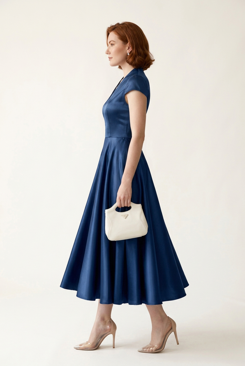 A woman modeling a navy blue satin midi dress with cap sleeves and a V-neckline, holding a small white clutch purse against a plain off-white studio background.