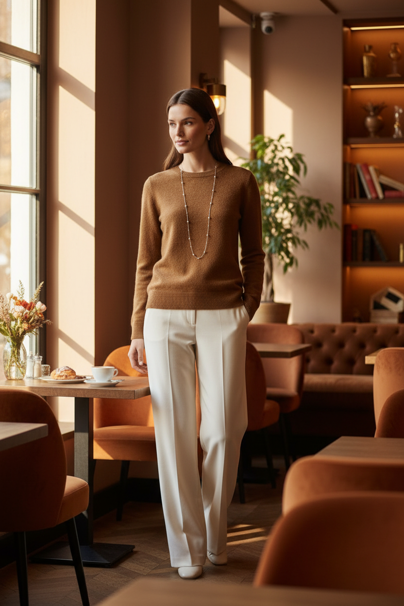 A woman stands in a warmly lit cafe wearing a brown knit sweater, cream wide-leg trousers, and white shoes, with a long silver necklace. Tables, chairs, shelves, and a window are visible in the background.
