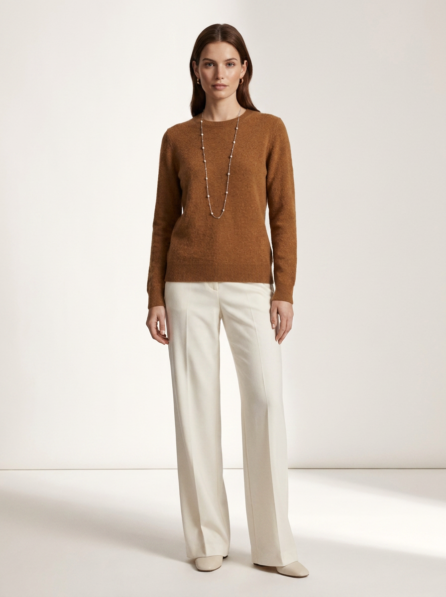 A woman stands in a studio wearing a brown long-sleeve knit sweater, off-white wide-leg trousers, and a long beaded necklace.