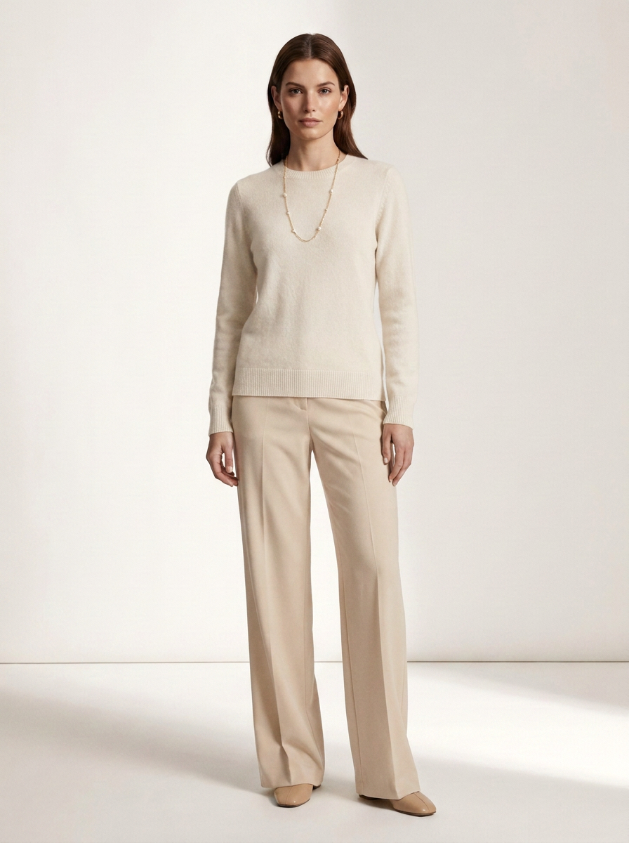 A woman stands in a studio wearing a cream knit long-sleeve top and matching wide-leg trousers, with a delicate gold necklace and beige flats.