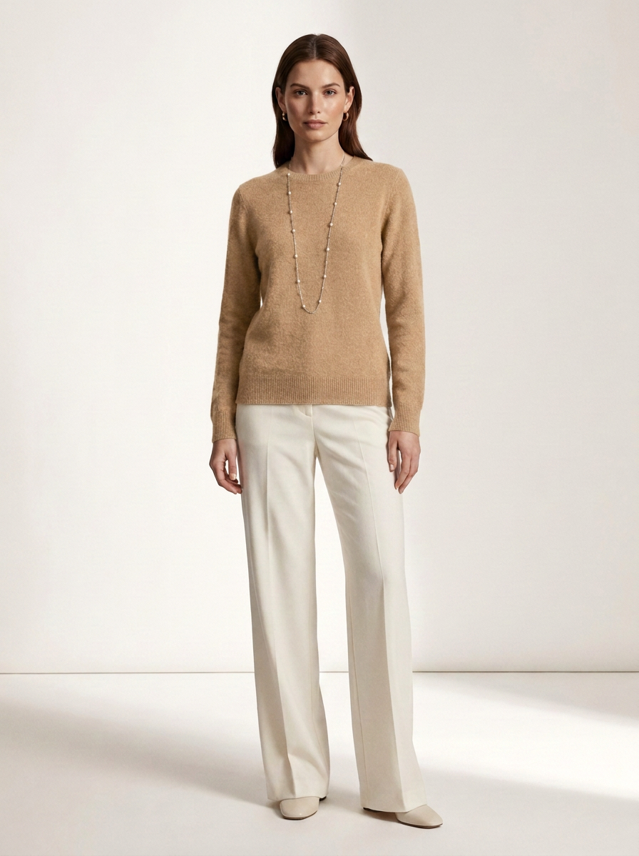 A woman stands in a studio wearing a beige knit sweater, off-white wide-leg trousers, and beige pointed shoes, with a long silver-toned necklace. The background is a clean warm off-white studio wall and floor.