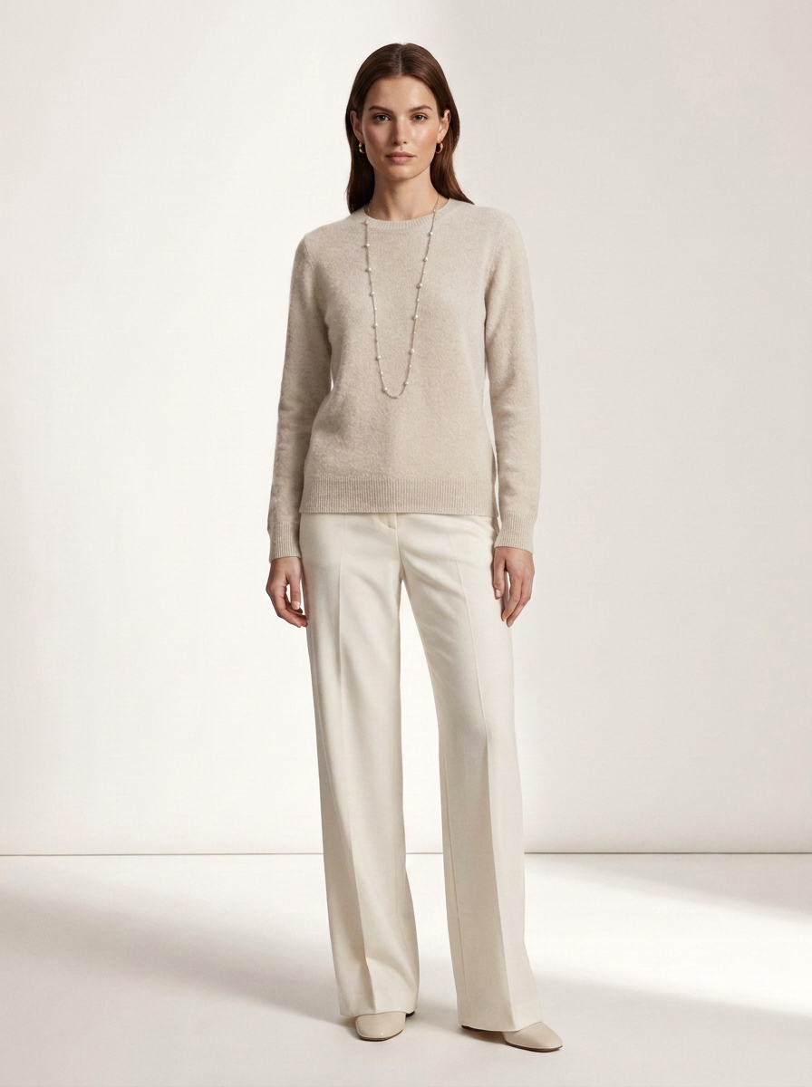 A woman stands in a studio wearing a light beige knit sweater, off-white wide-leg trousers, and a long silver-toned necklace.