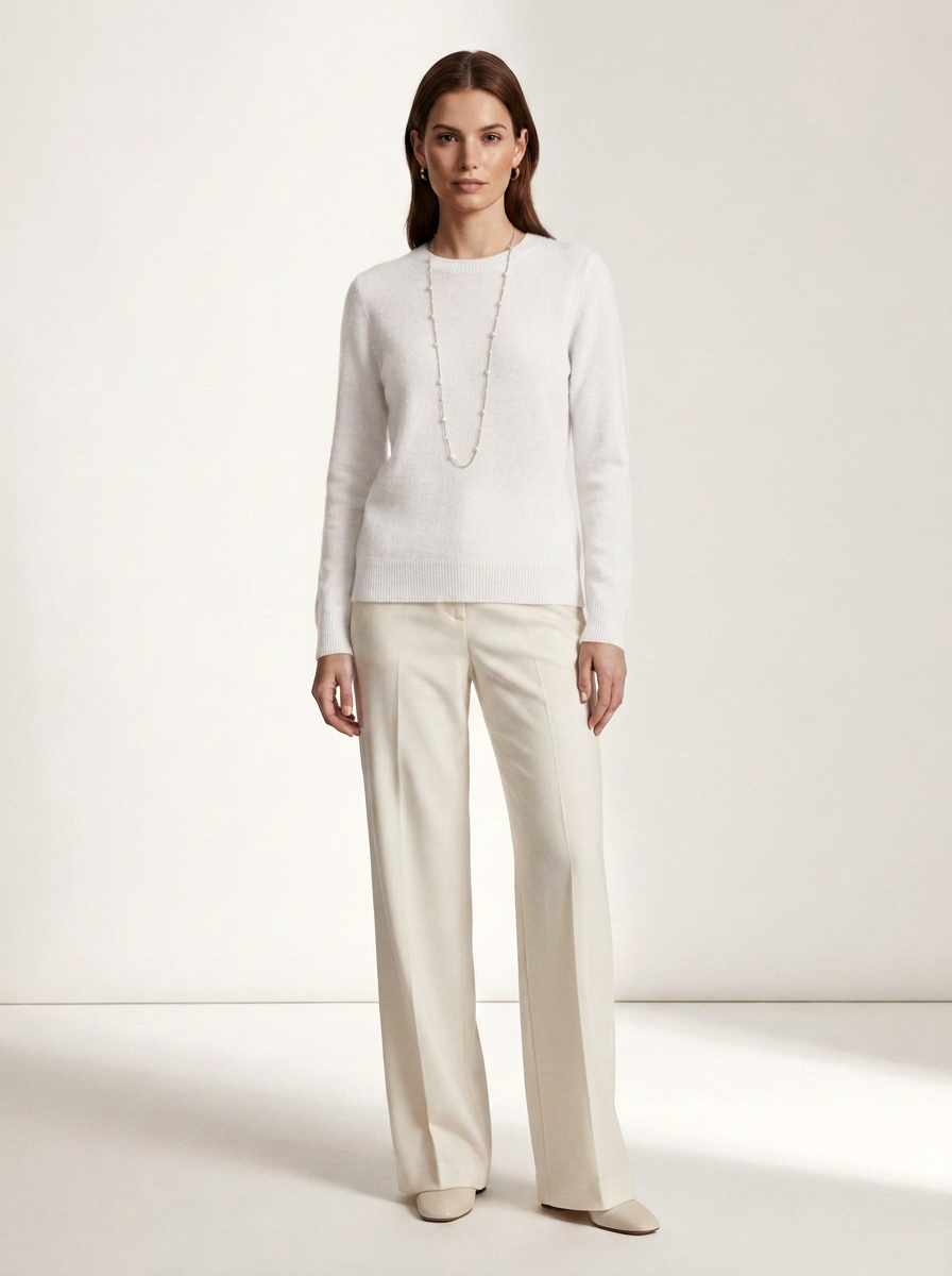 A woman stands in a studio wearing a white long-sleeve knit top, cream wide-leg trousers, and a long delicate necklace.