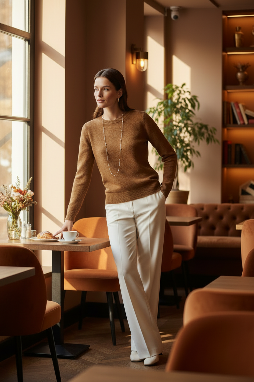 A woman stands in a warmly lit cafe wearing a brown knit sweater, cream wide-leg trousers, and white shoes, with a long silver necklace. Tables, chairs, shelves, and a window are visible in the background.