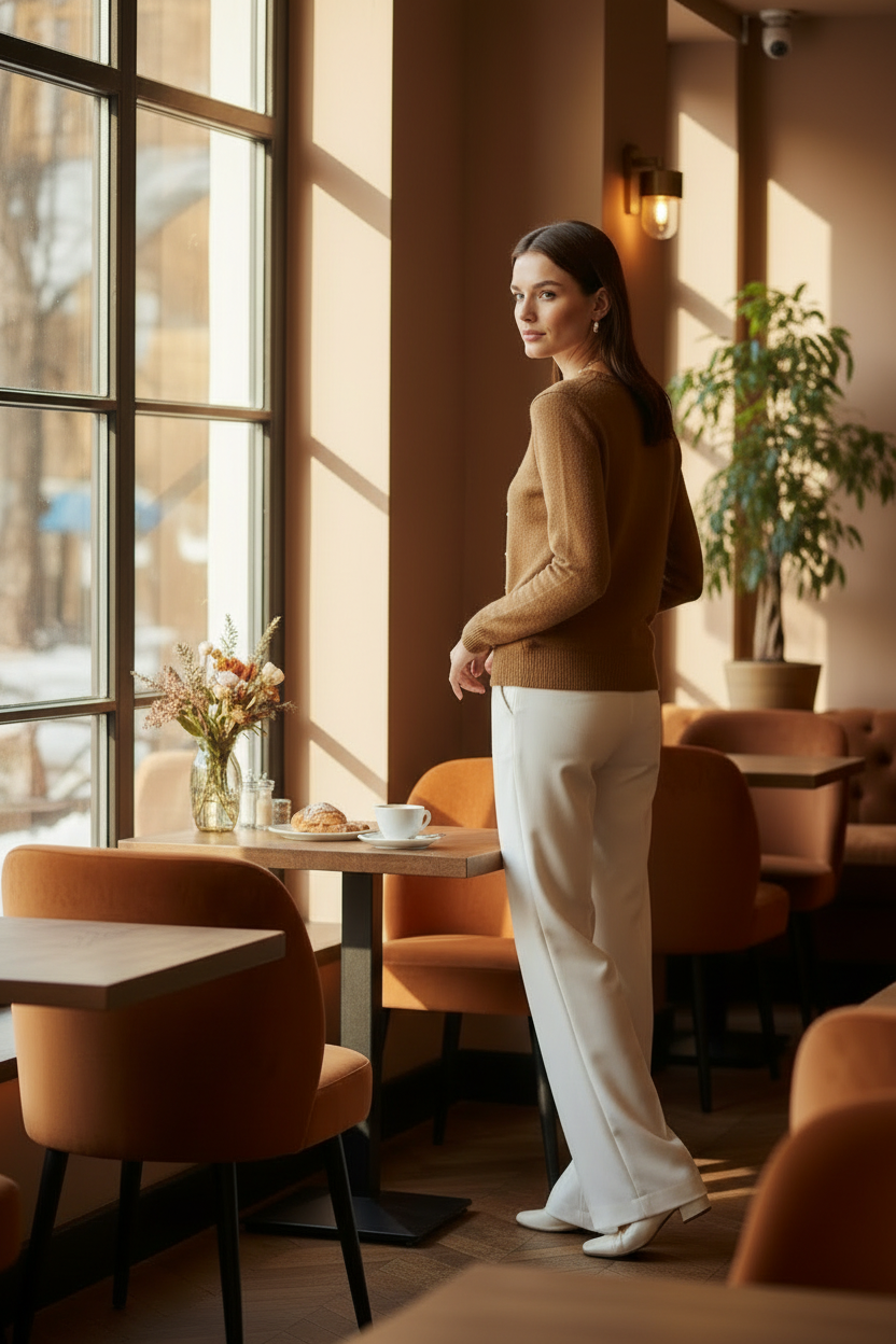 A woman stands in a warmly lit cafe interior wearing a fitted brown knit sweater and white wide-leg trousers, leaning on a table with a cup and saucer nearby.