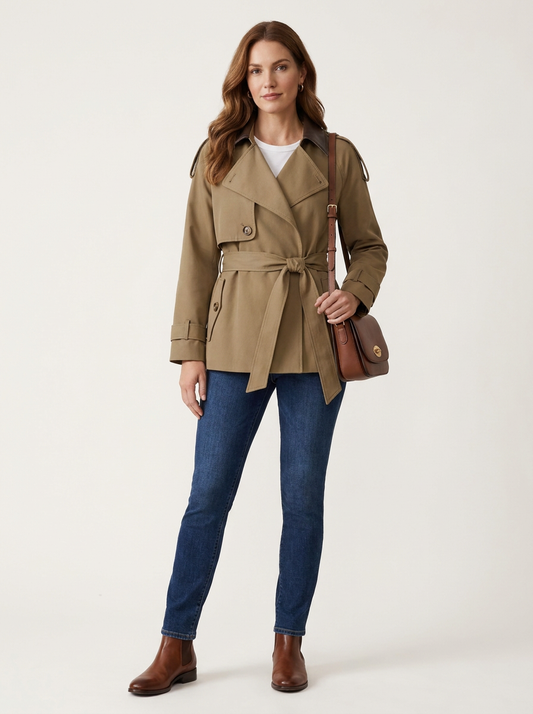 A woman models a tan double-breasted belted trench coat over a white top, paired with blue jeans, brown ankle boots, and a brown leather crossbody bag, against a plain light beige studio background.