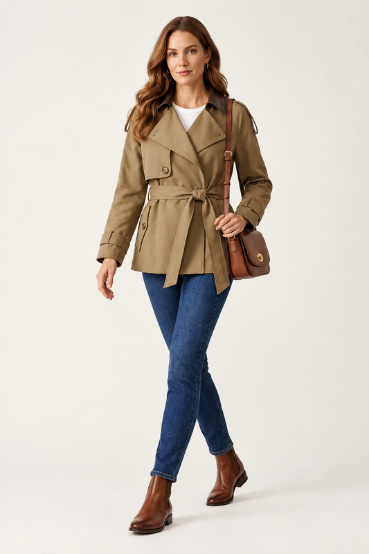 A woman models a classic tan trench coat with a matching waist tie belt, paired with blue jeans, brown ankle boots, and a brown leather crossbody bag, set against a plain light gray studio background.