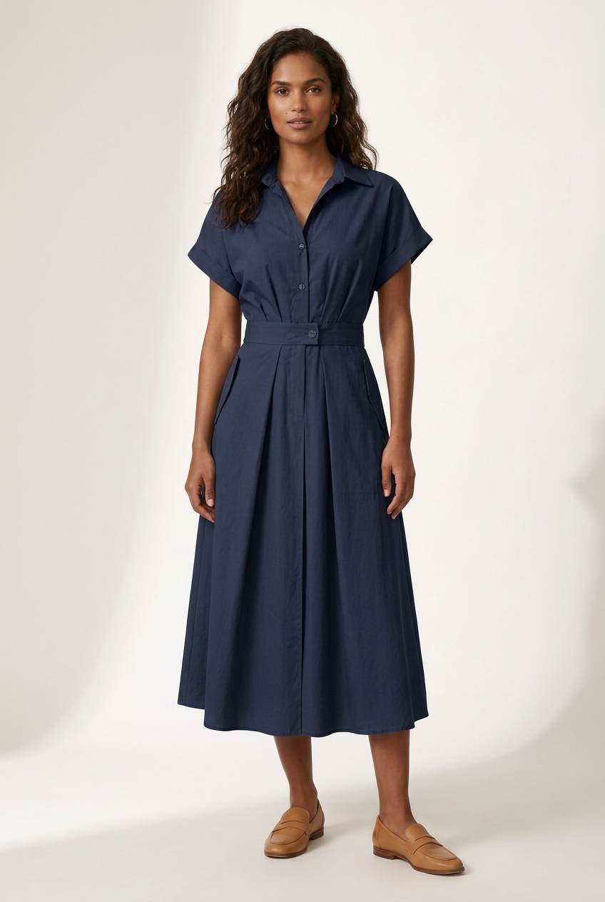 Short Sleeve Button-Front Midi Shirt Dress with Pockets in Dark Blue, studio shot