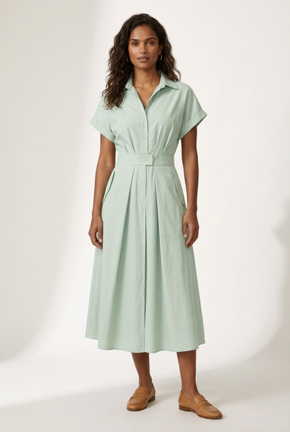 Short Sleeve Button-Front Midi Shirt Dress with Pockets in Green, studio shot