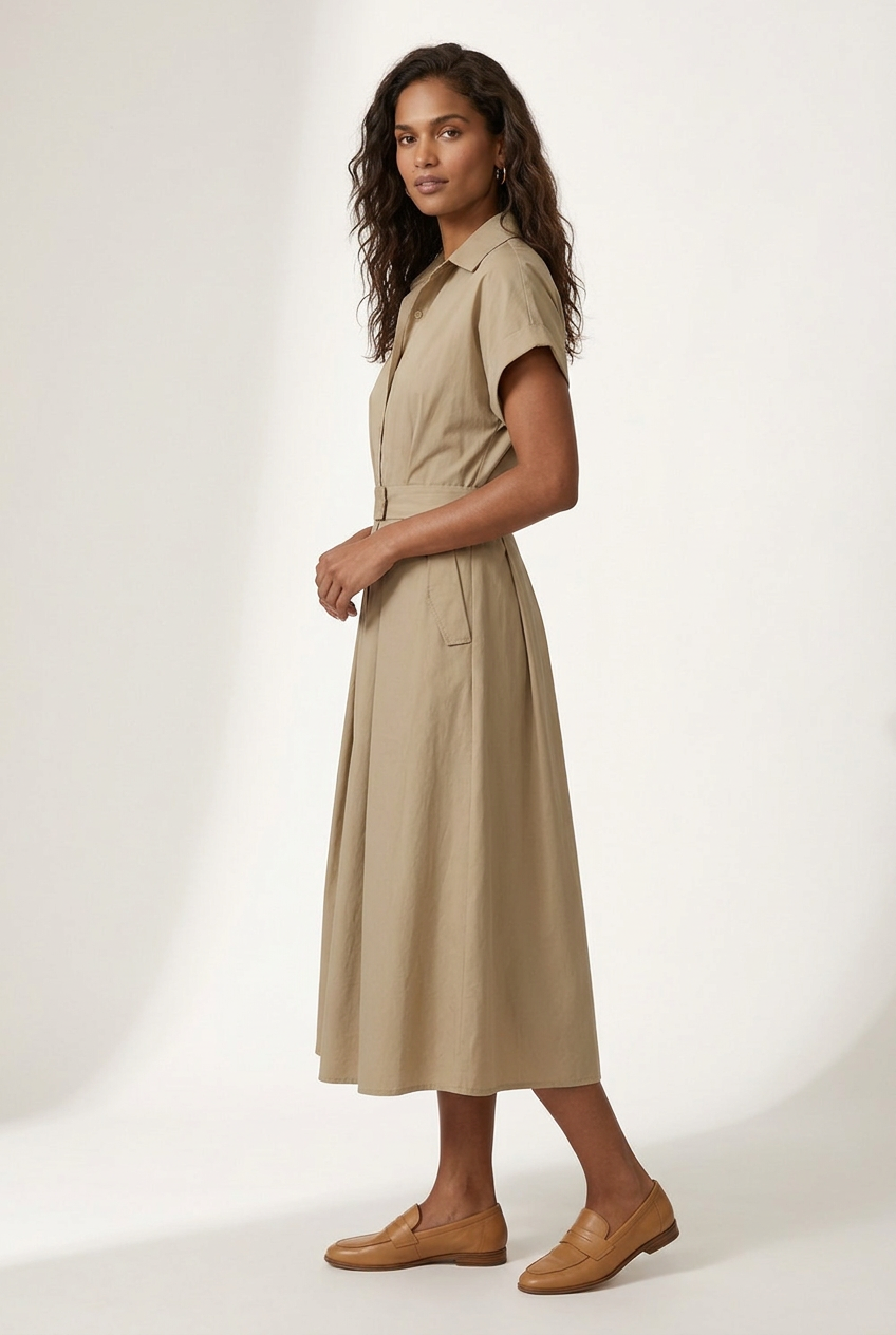 A woman modeling a beige short-sleeve midi shirt dress with a button-up front and a matching fabric tie belt at the waist, paired with tan loafers, against a plain off-white studio background.