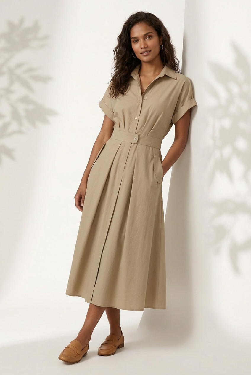 A woman modeling a beige short-sleeve midi shirt dress with a button-up front and a matching fabric tie belt at the waist, paired with tan loafers, against a plain off-white studio background.