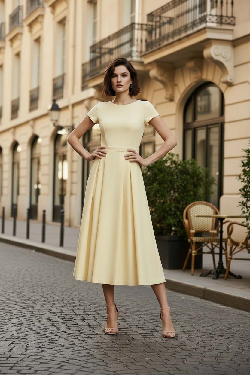 A woman stands on a cobblestone street wearing a pale yellow sleeveless midi dress with cap sleeves and a fitted waist, paired with nude high-heeled sandals. The background shows a classic beige building with balconies, windows, and outdoor cafe seating.
