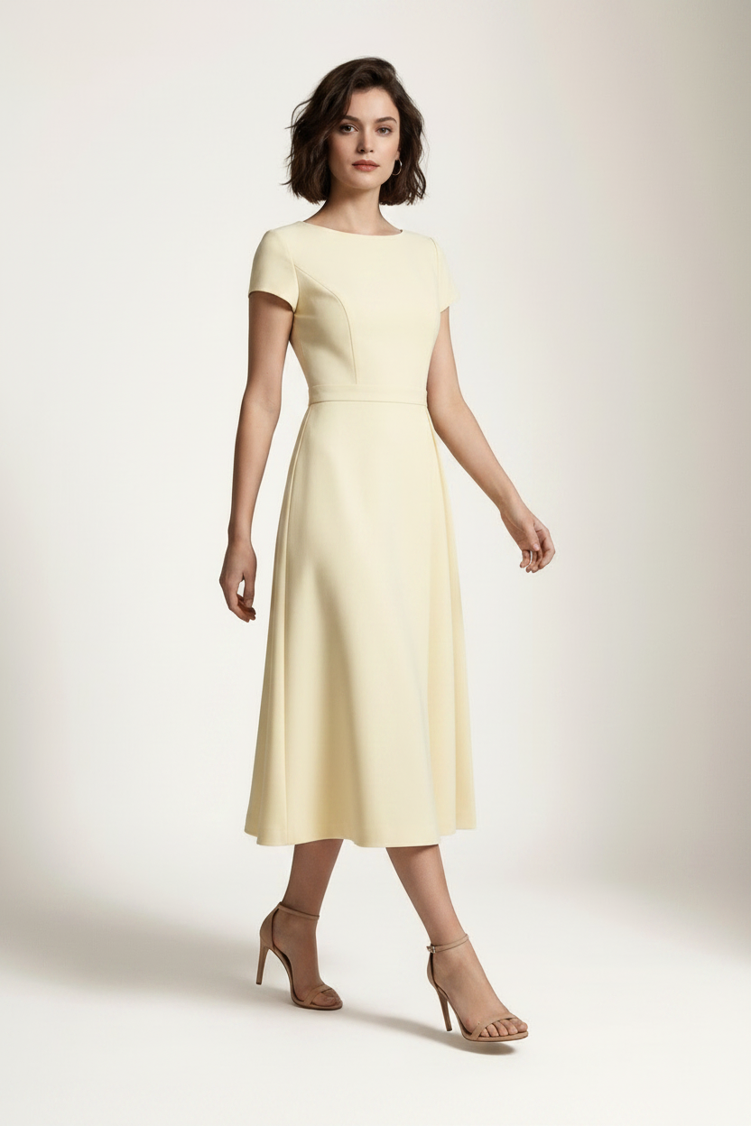 A woman modeling a pale yellow midi dress with short cap sleeves, a boat neckline, and a gathered waist, photographed against a plain light beige studio background.