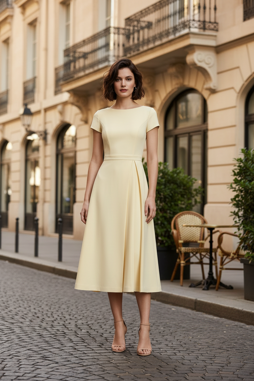A woman modeling a pale yellow midi dress with short cap sleeves, a boat neckline, and a gathered waist, photographed against a plain light beige studio background.