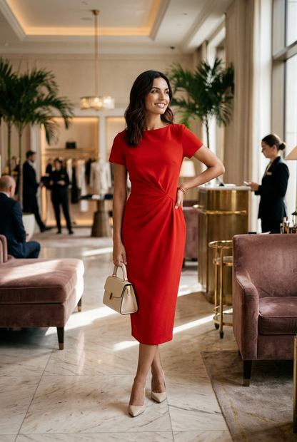 A woman modeling a bright red short-sleeve midi dress with a twisted knot detail at the waist, paired with beige heels and a small beige handbag, against a plain light background.