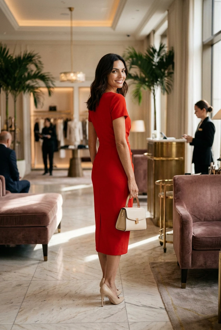 A woman stands in a luxury boutique lobby wearing a bright red short-sleeve midi dress with a gathered twist detail at the waist, holding a beige handbag.