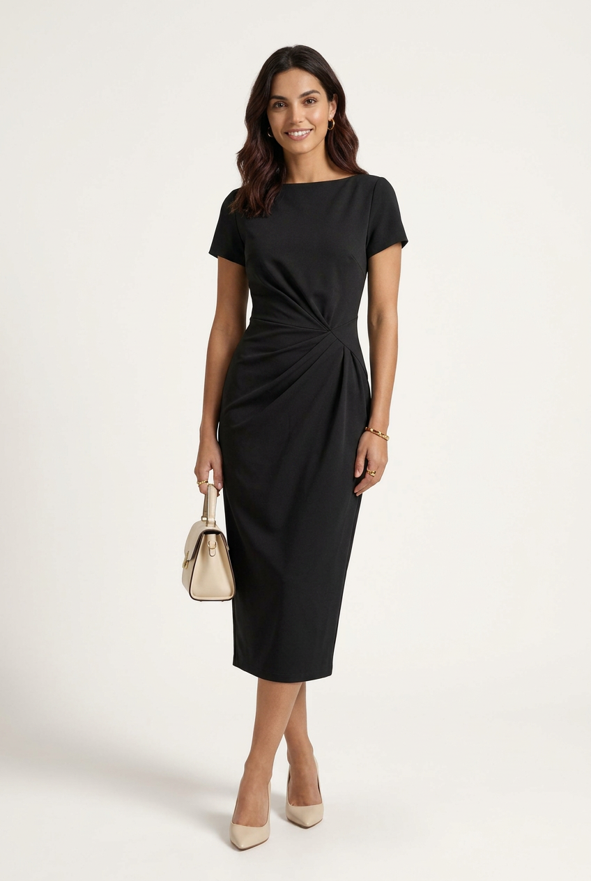 Short Sleeve Twist Waist Midi Dress Bodycon Pencil Silhouette in Black, studio shot