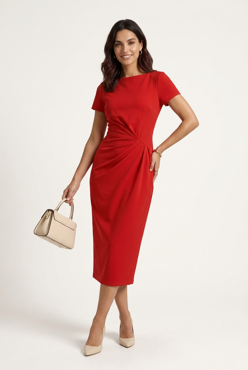 A woman modeling a bright red short-sleeve midi dress with a twisted knot detail at the waist, paired with beige heels and a small beige handbag, against a plain light background.