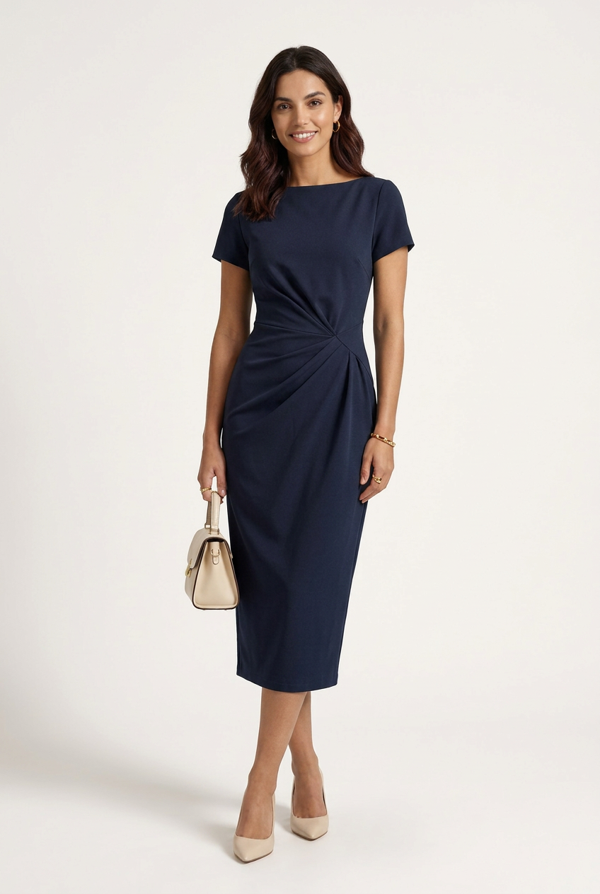 Short Sleeve Twist Waist Midi Dress Bodycon Pencil Silhouette in Navy Blue, studio shot