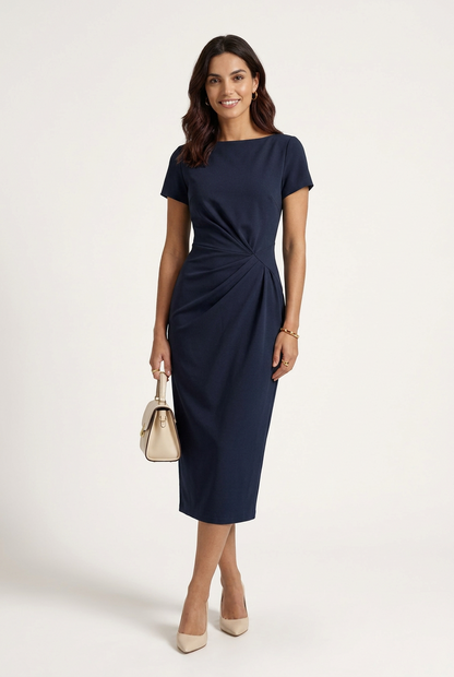 Short Sleeve Twist Waist Midi Dress Bodycon Pencil Silhouette in Navy Blue, studio shot