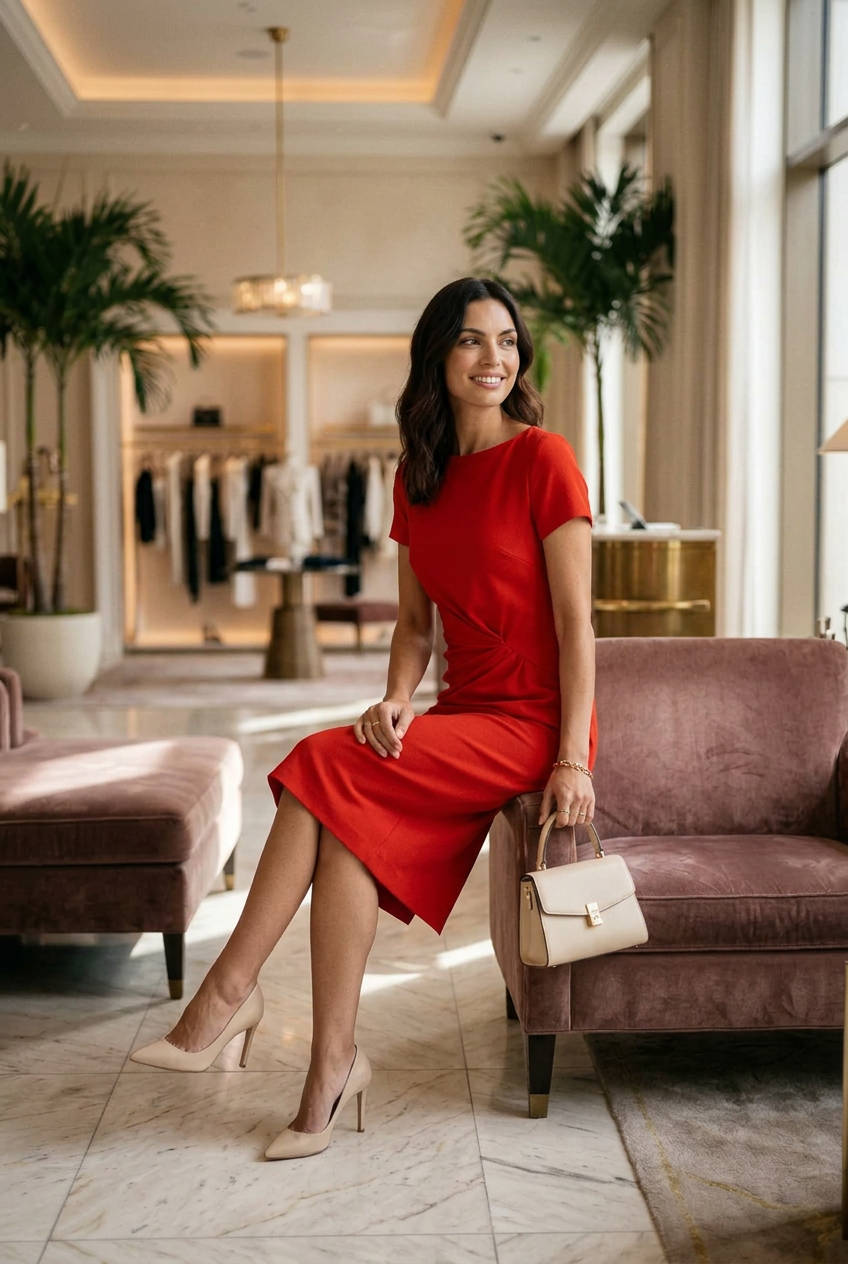 A woman stands in a luxury boutique lobby wearing a bright red short-sleeve midi dress with a gathered twist detail at the waist, holding a beige handbag.