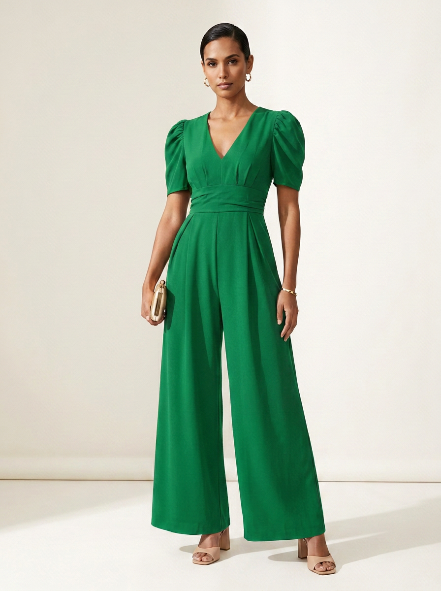 A woman modeling a bright green jumpsuit with puff sleeves, a V-neckline, and wide legs, standing against a plain off-white studio background.