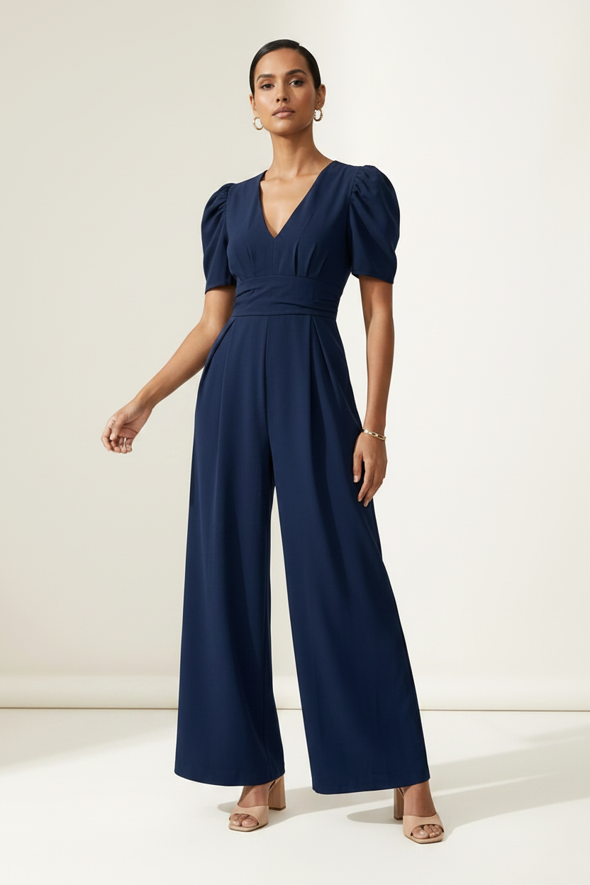 A woman modeling a navy blue jumpsuit with puff sleeves, a wrap-style V-neck bodice, and wide legs, standing against a plain off-white studio background.