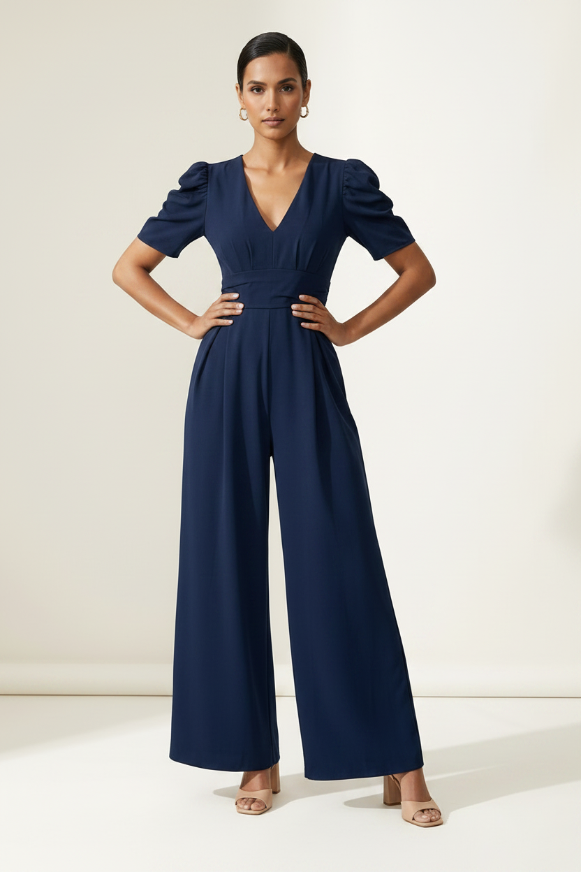 A woman modeling a navy blue jumpsuit with puff sleeves, a wrap-style V-neck bodice, and wide legs, standing against a plain off-white studio background.